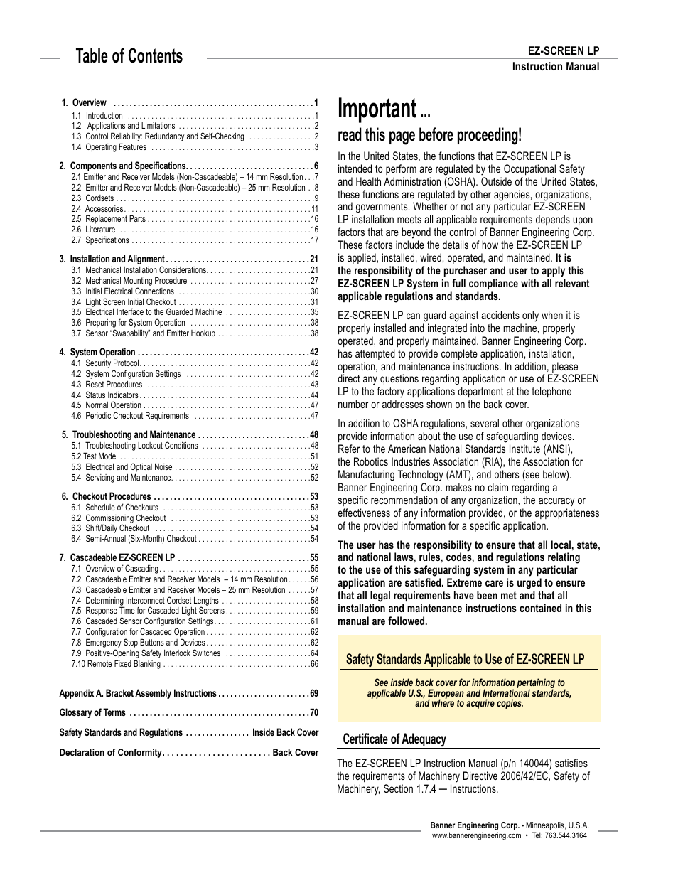 Banner EZ-SCREEN Low-Profile Safety Light Curtain Systems User Manual | Page 2 / 76