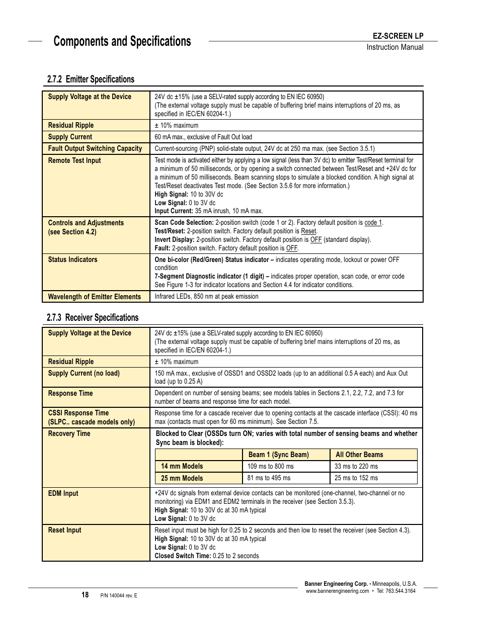 Overview, Components and specifications, 3 receiver specifications | 2 emitter specifications | Banner EZ-SCREEN Low-Profile Safety Light Curtain Systems User Manual | Page 20 / 76