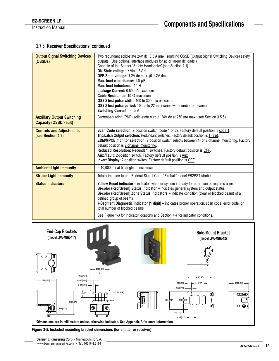 Overview, Components and specifications, 3 receiver specifications, continued | End-cap brackets, Side-mount bracket, Ez-screen lp instruction manual | Banner EZ-SCREEN Low-Profile Safety Light Curtain Systems User Manual | Page 21 / 76