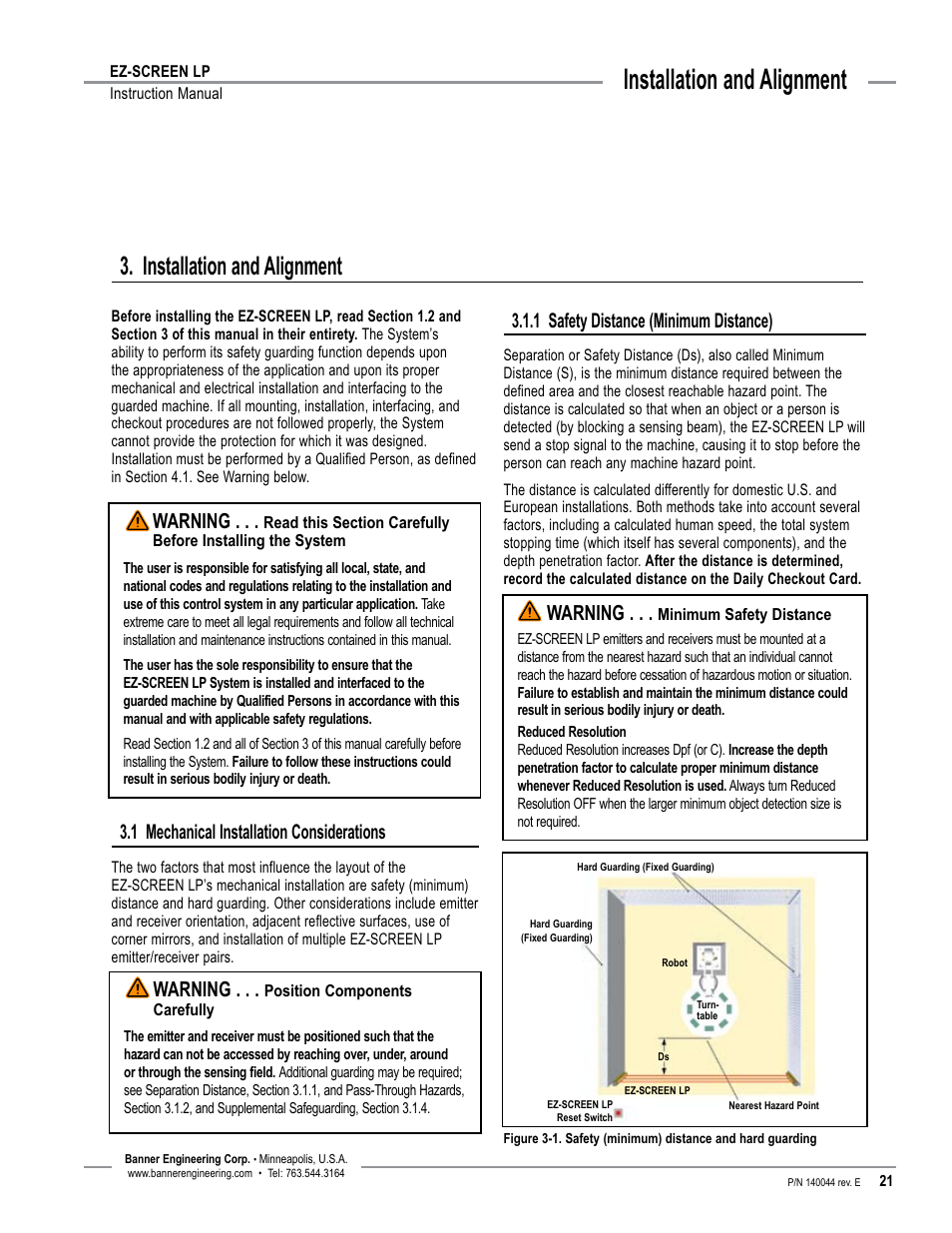 Overview, Installation and alignment, 1 safety distance (minimum distance) | 1 mechanical installation considerations, Warning | Banner EZ-SCREEN Low-Profile Safety Light Curtain Systems User Manual | Page 23 / 76