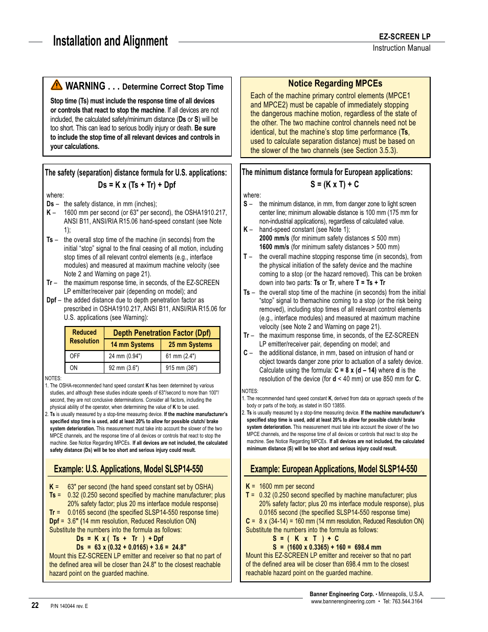 Overview, Installation and alignment, Warning | Notice regarding mpces | Banner EZ-SCREEN Low-Profile Safety Light Curtain Systems User Manual | Page 24 / 76