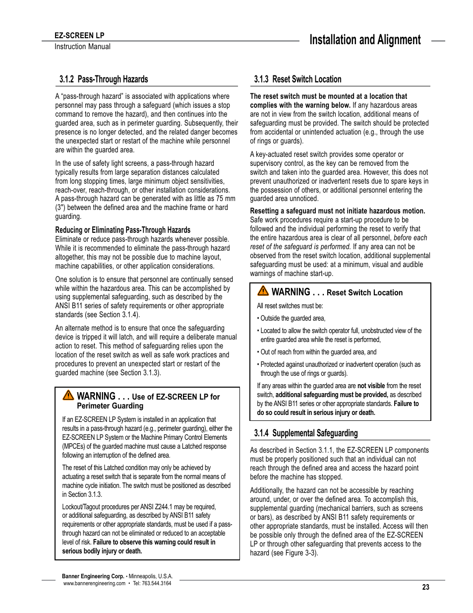 Overview, Installation and alignment, 3 reset switch location | 2 pass-through hazards, 4 supplemental safeguarding, Warning | Banner EZ-SCREEN Low-Profile Safety Light Curtain Systems User Manual | Page 25 / 76