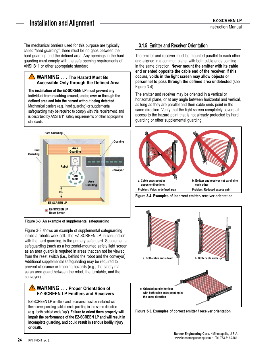 Overview, Installation and alignment, 5 emitter and receiver orientation | Warning | Banner EZ-SCREEN Low-Profile Safety Light Curtain Systems User Manual | Page 26 / 76