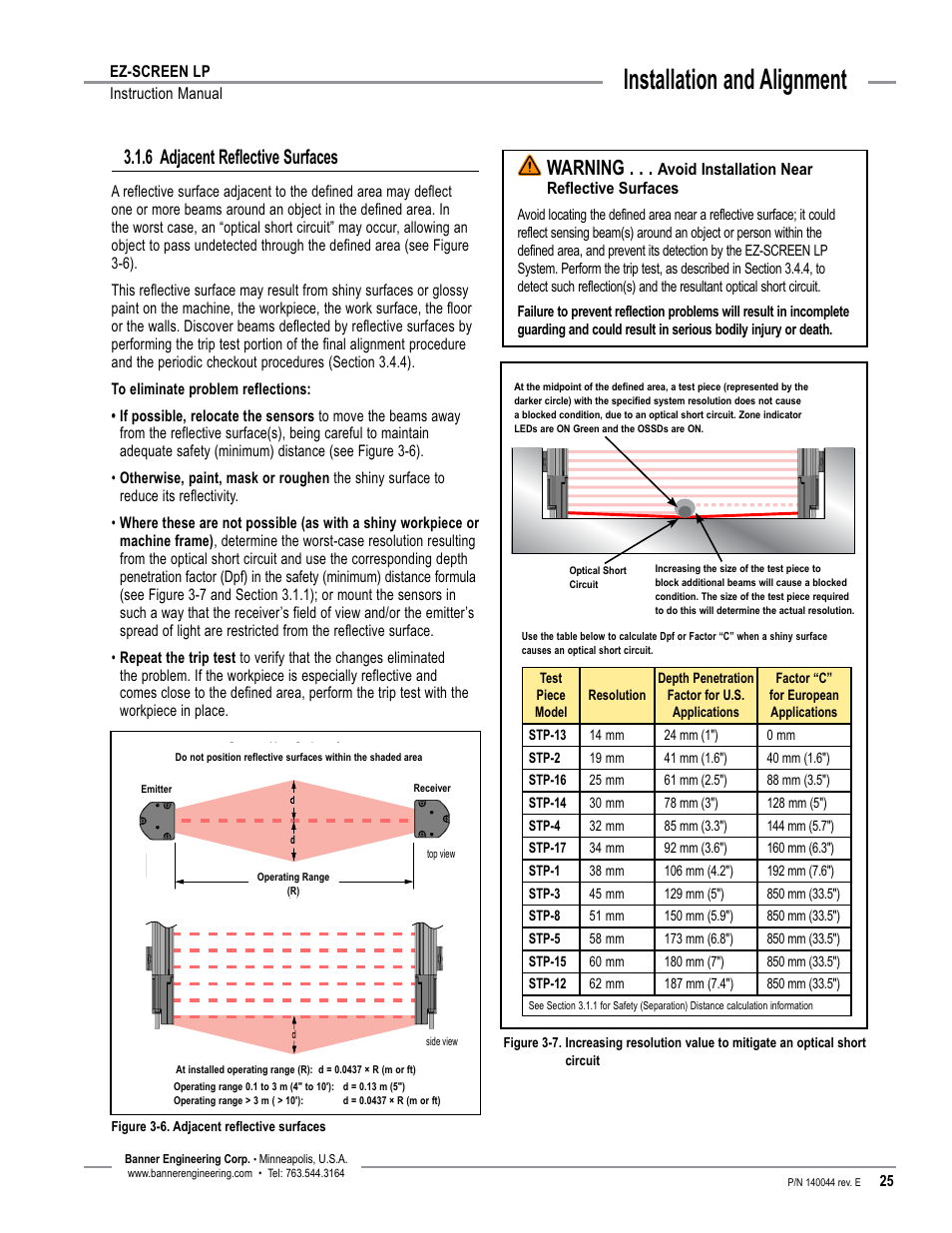 Overview, Installation and alignment, 6 adjacent reflective surfaces | Warning | Banner EZ-SCREEN Low-Profile Safety Light Curtain Systems User Manual | Page 27 / 76