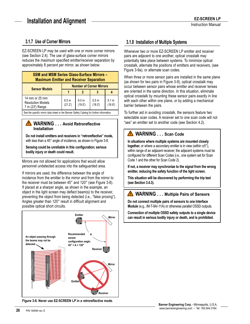 Overview, Installation and alignment, 8 installation of multiple systems | 7 use of corner mirrors, Warning | Banner EZ-SCREEN Low-Profile Safety Light Curtain Systems User Manual | Page 28 / 76