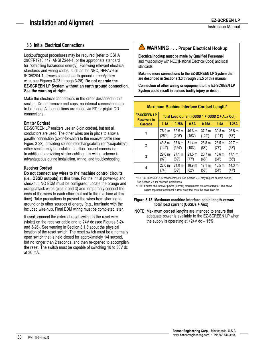 Overview, Installation and alignment, 3 initial electrical connections | Warning | Banner EZ-SCREEN Low-Profile Safety Light Curtain Systems User Manual | Page 32 / 76