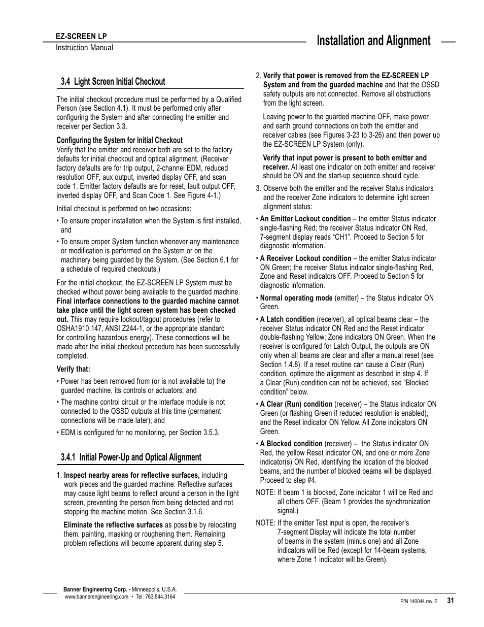 Overview, Installation and alignment, 4 light screen initial checkout | 1 initial power-up and optical alignment | Banner EZ-SCREEN Low-Profile Safety Light Curtain Systems User Manual | Page 33 / 76