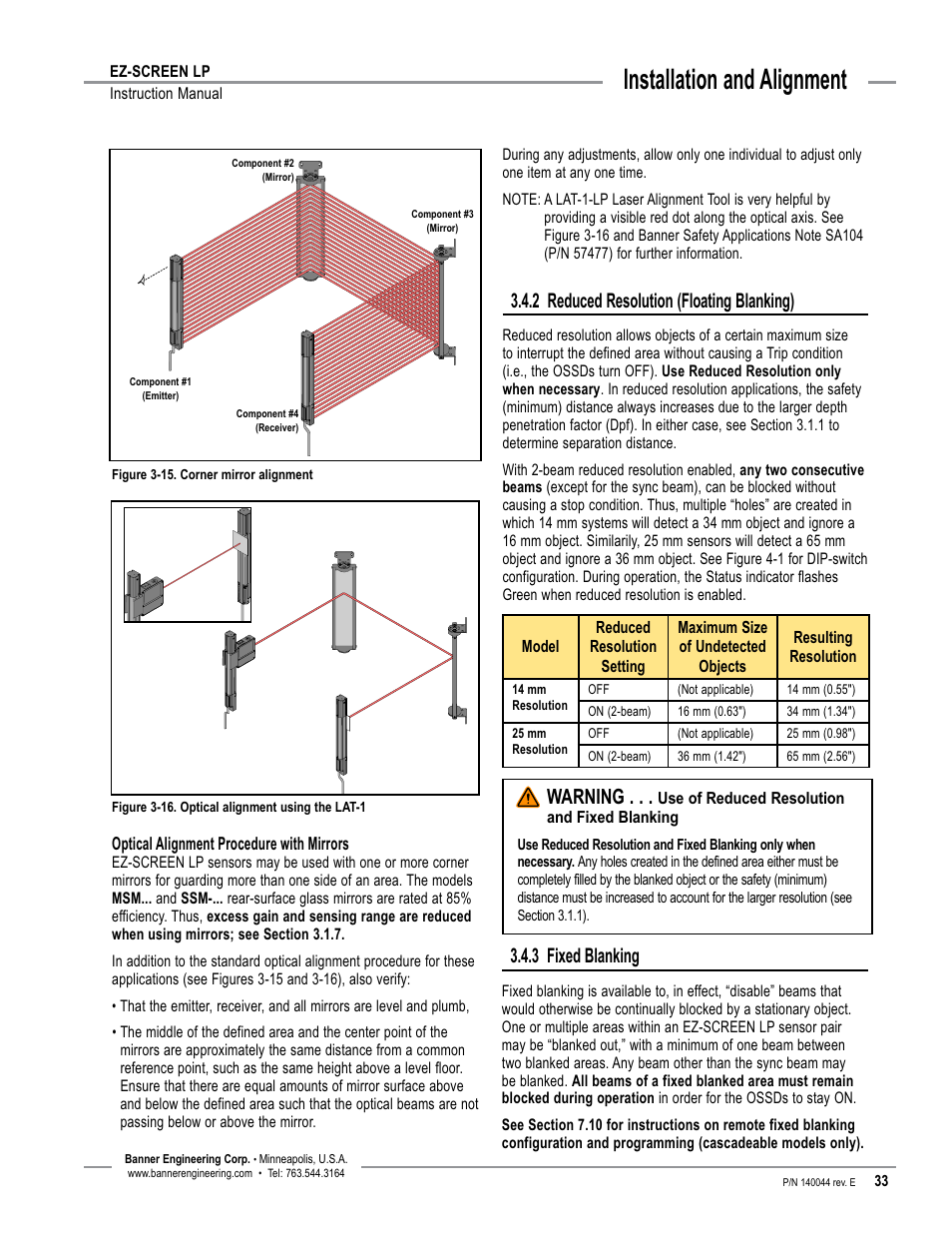 Overview, Installation and alignment, 2 reduced resolution (floating blanking) | 3 fixed blanking, Warning | Banner EZ-SCREEN Low-Profile Safety Light Curtain Systems User Manual | Page 35 / 76