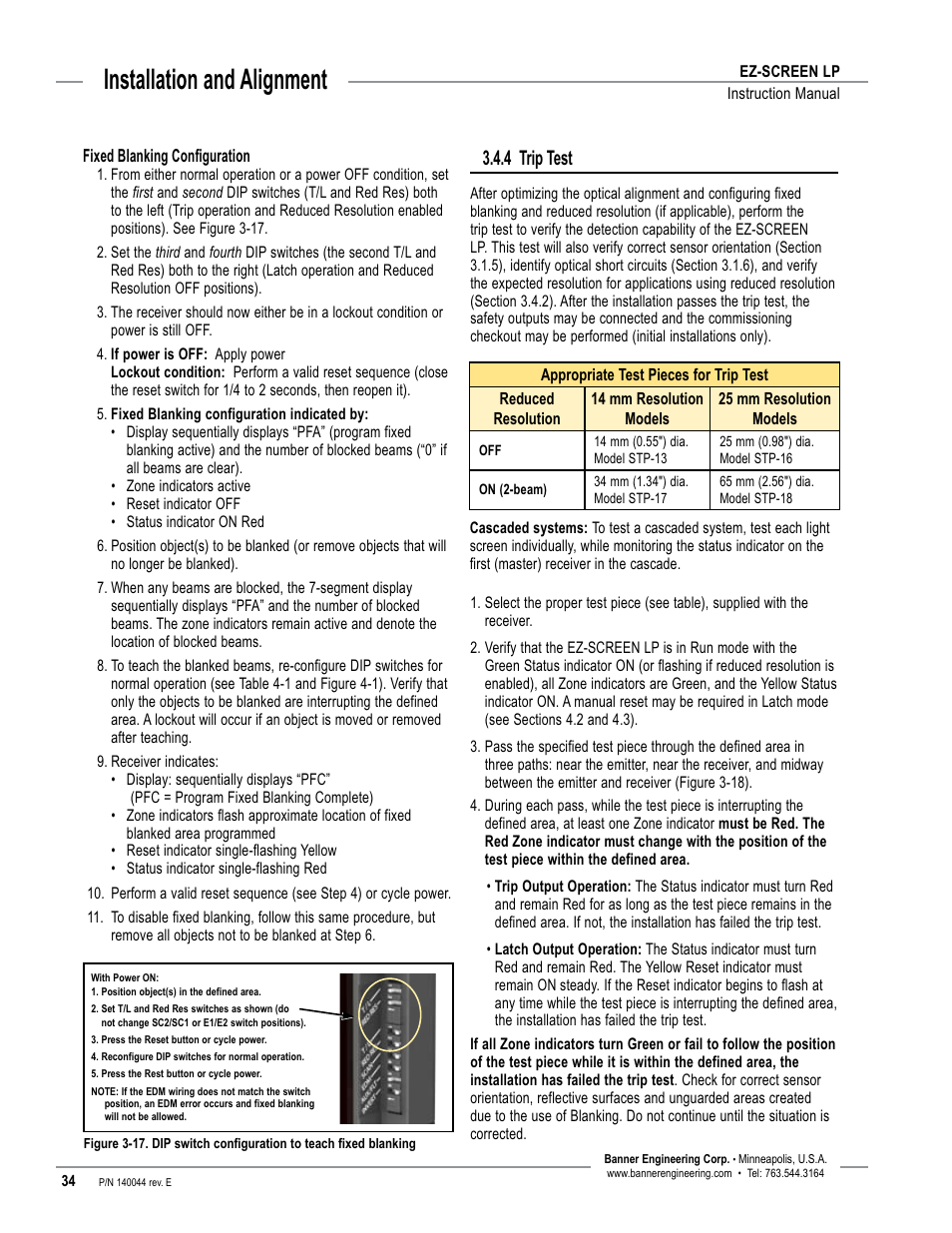 Overview, Installation and alignment, 4 trip test | Banner EZ-SCREEN Low-Profile Safety Light Curtain Systems User Manual | Page 36 / 76