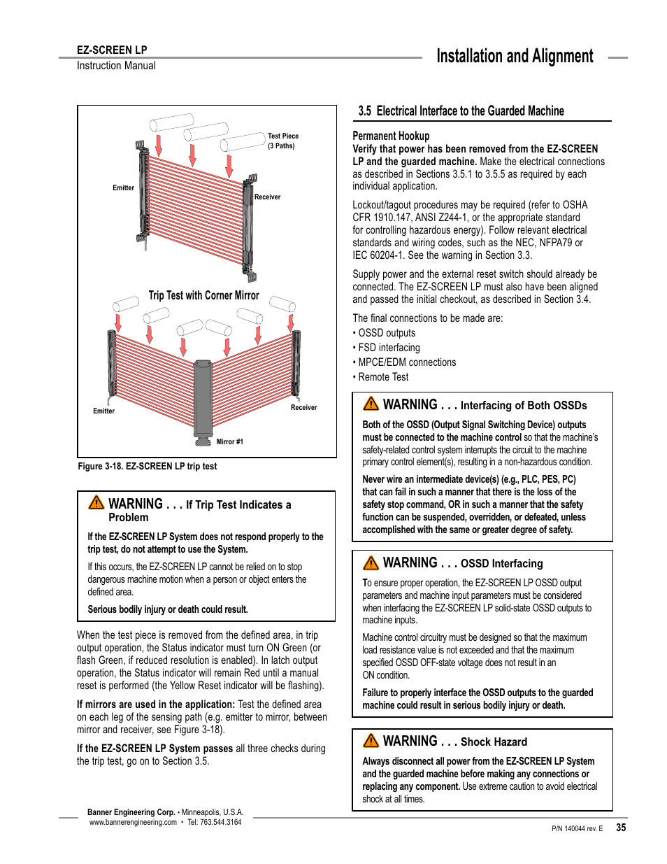 Overview, Installation and alignment, 5 electrical interface to the guarded machine | Warning | Banner EZ-SCREEN Low-Profile Safety Light Curtain Systems User Manual | Page 37 / 76