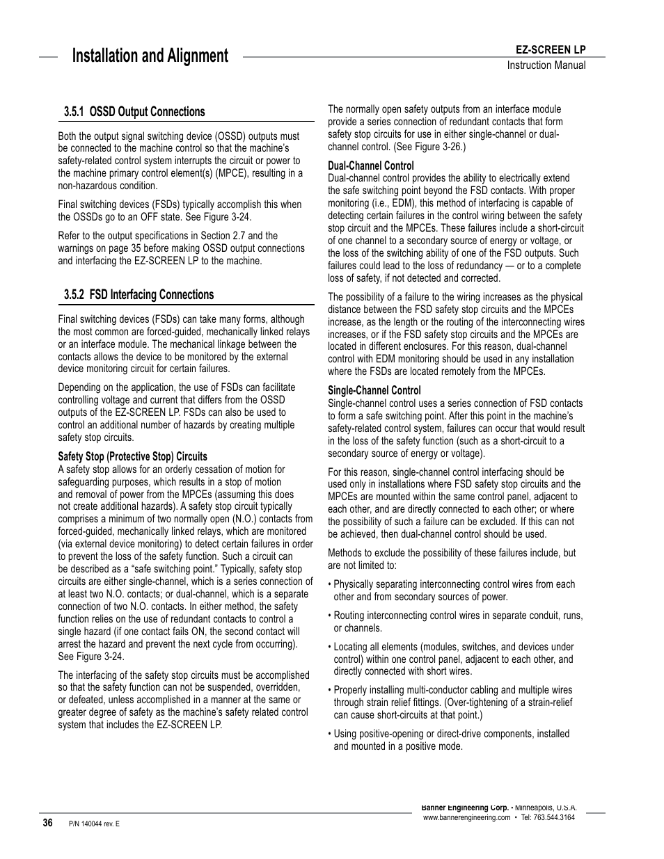 Overview, Installation and alignment, 1 ossd output connections | 2 fsd interfacing connections | Banner EZ-SCREEN Low-Profile Safety Light Curtain Systems User Manual | Page 38 / 76