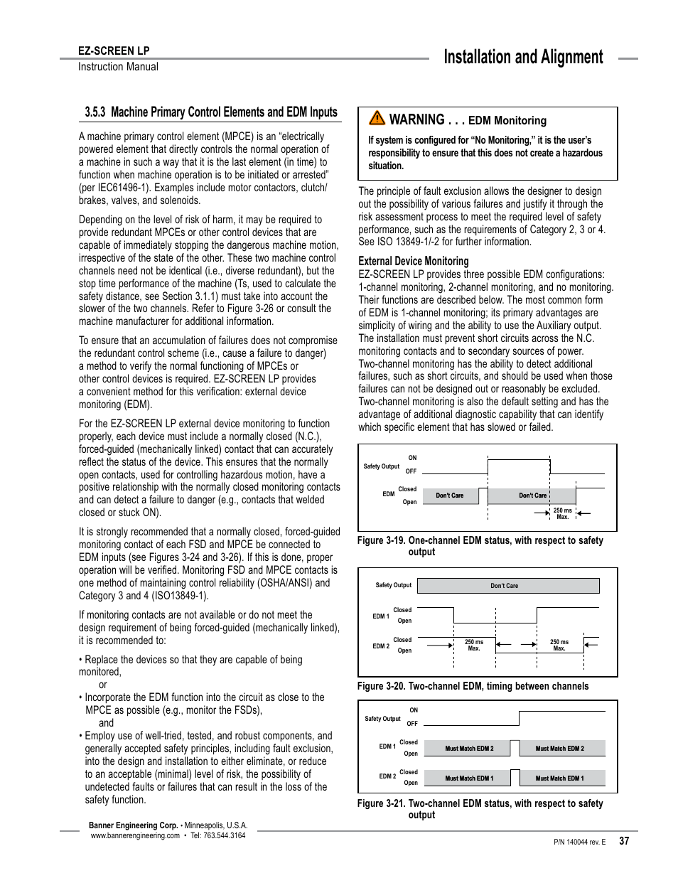 Overview, Installation and alignment, 3 machine primary control elements and edm inputs | Warning, External device monitoring | Banner EZ-SCREEN Low-Profile Safety Light Curtain Systems User Manual | Page 39 / 76