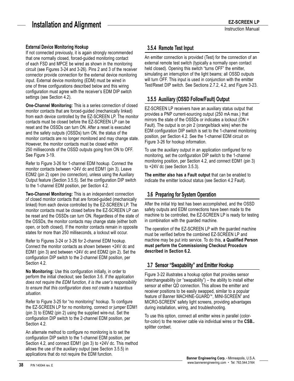 Overview, Installation and alignment, 4 remote test input | 5 auxiliary (ossd follow/fault) output, 6 preparing for system operation, 7 sensor “swapability” and emitter hookup | Banner EZ-SCREEN Low-Profile Safety Light Curtain Systems User Manual | Page 40 / 76