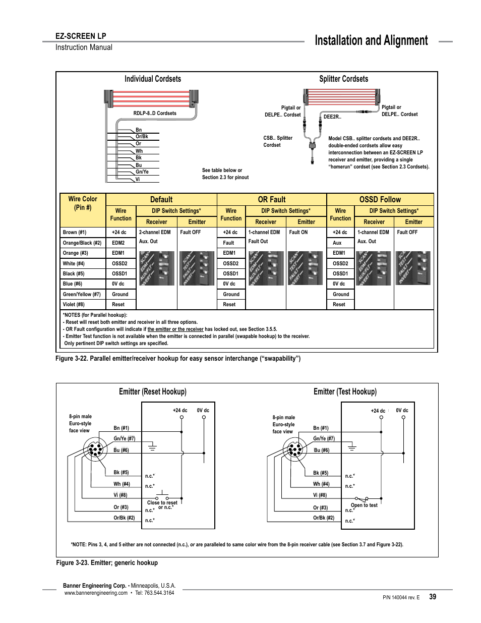 Overview, Installation and alignment, Individual cordsets | Emitter (reset hookup) emitter (test hookup), Splitter cordsets, Ez-screen lp instruction manual, Default or fault ossd follow | Banner EZ-SCREEN Low-Profile Safety Light Curtain Systems User Manual | Page 41 / 76