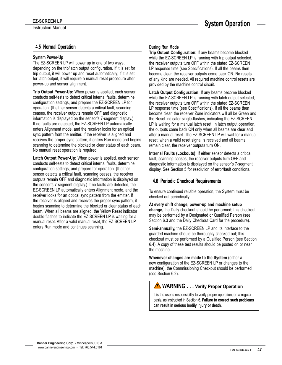 Overview, System operation, 6 periodic checkout requirements | 5 normal operation, Warning | Banner EZ-SCREEN Low-Profile Safety Light Curtain Systems User Manual | Page 49 / 76