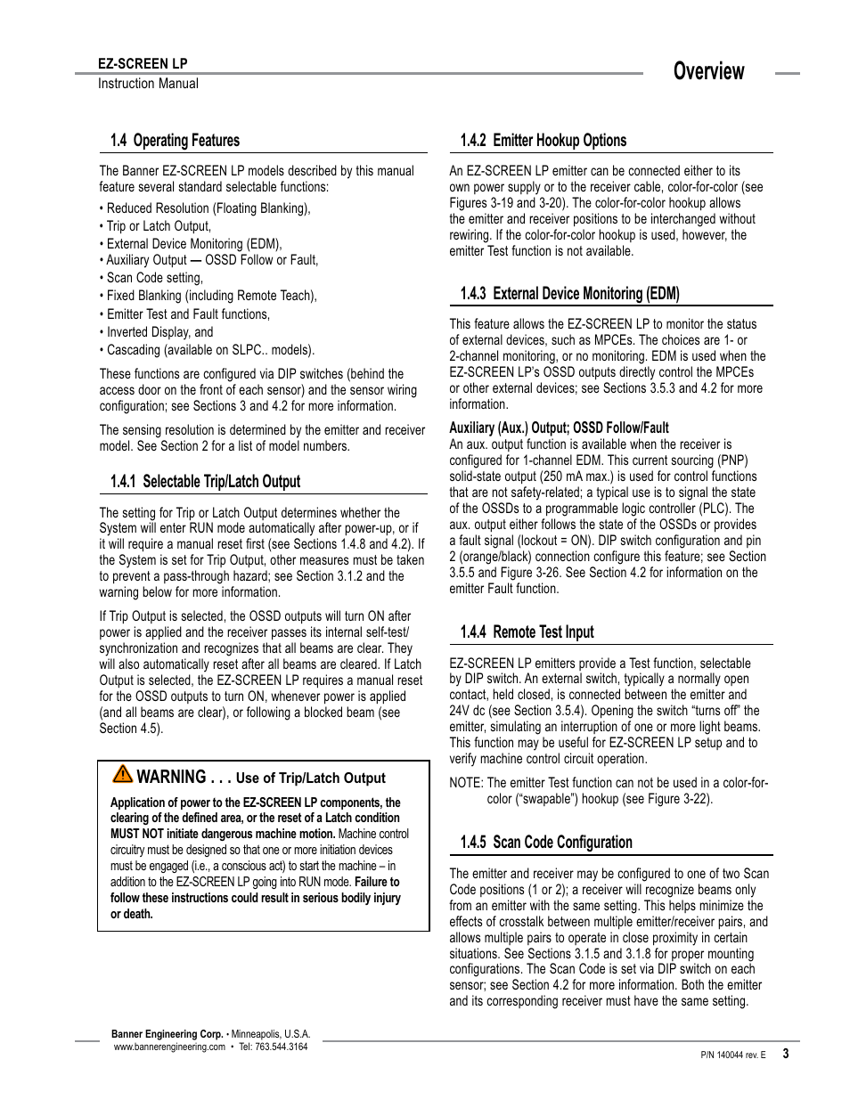 Overview, 4 operating features, 1 selectable trip/latch output | 2 emitter hookup options, 3 external device monitoring (edm), 4 remote test input, 5 scan code configuration, Warning | Banner EZ-SCREEN Low-Profile Safety Light Curtain Systems User Manual | Page 5 / 76