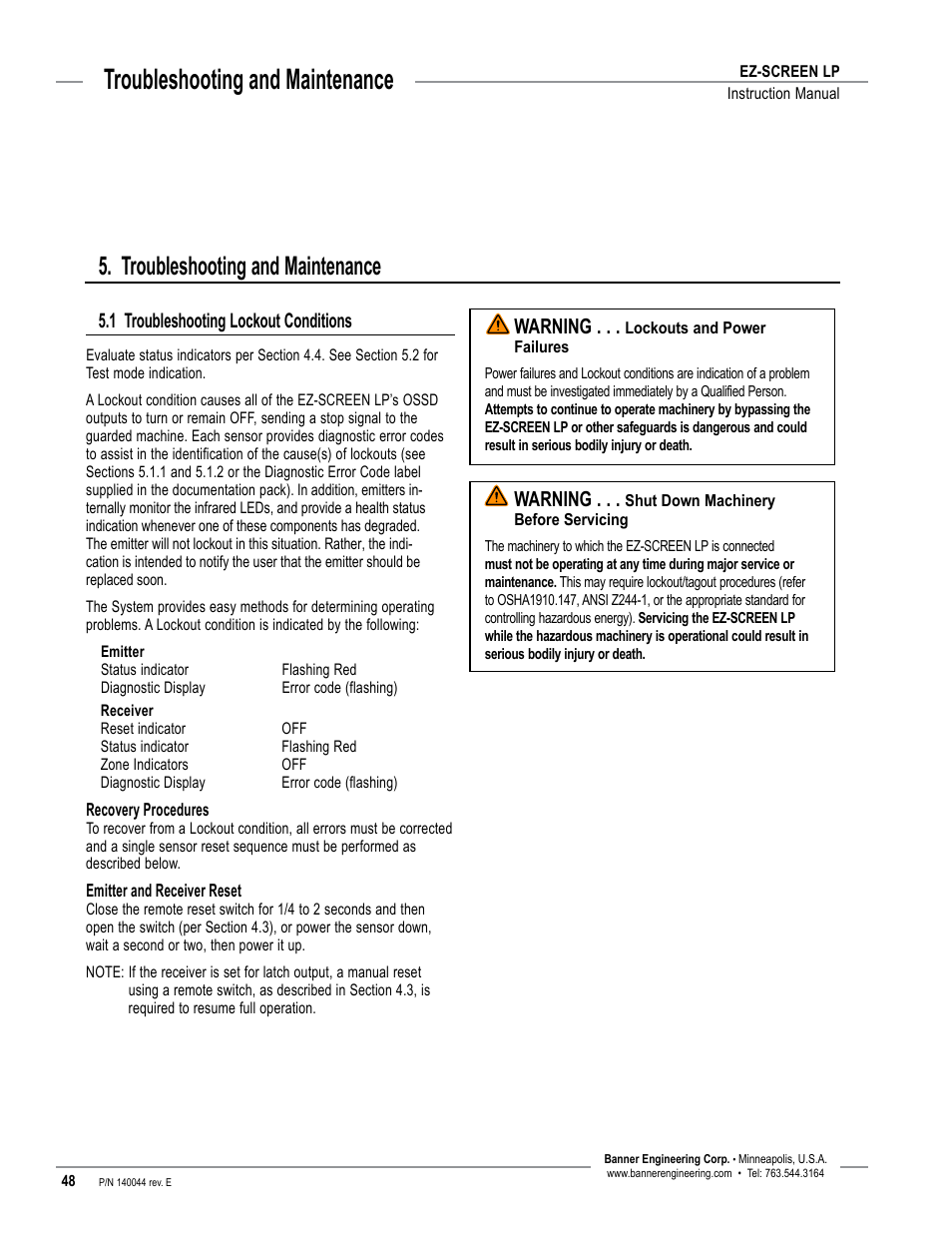 Overview, Troubleshooting and maintenance, 1 troubleshooting lockout conditions | Warning | Banner EZ-SCREEN Low-Profile Safety Light Curtain Systems User Manual | Page 50 / 76