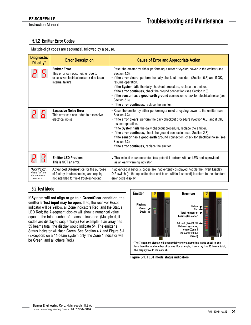 Overview, Troubleshooting and maintenance, 2 emitter error codes | 2 test mode | Banner EZ-SCREEN Low-Profile Safety Light Curtain Systems User Manual | Page 53 / 76