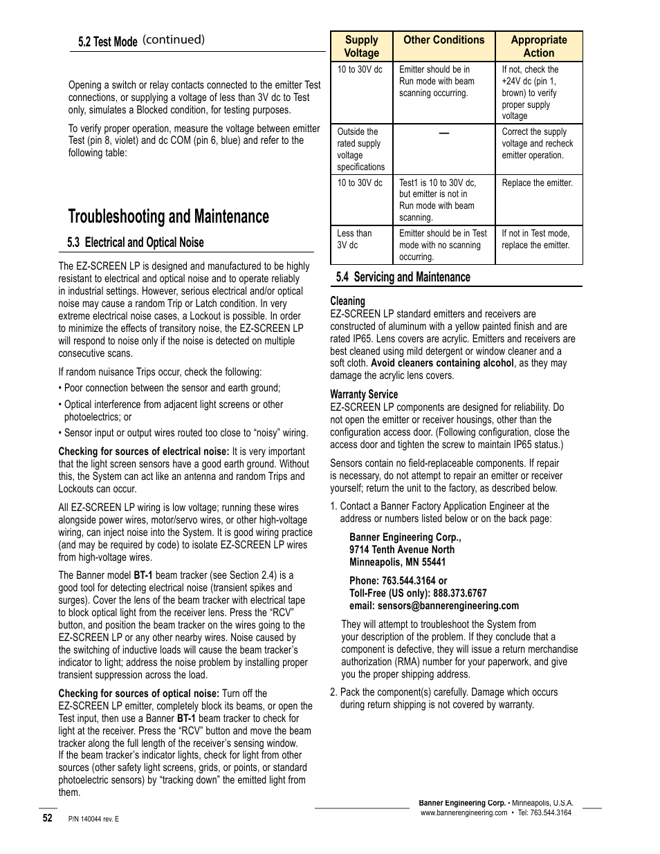 Overview, Troubleshooting and maintenance, 3 electrical and optical noise | 4 servicing and maintenance, 2 test mode | Banner EZ-SCREEN Low-Profile Safety Light Curtain Systems User Manual | Page 54 / 76