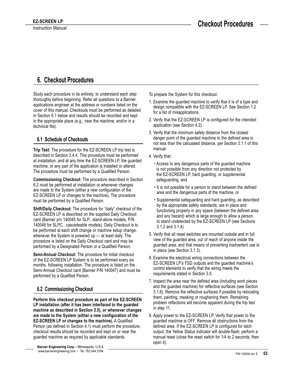 Overview, Checkout procedures, 1 schedule of checkouts | 2 commissioning checkout | Banner EZ-SCREEN Low-Profile Safety Light Curtain Systems User Manual | Page 55 / 76