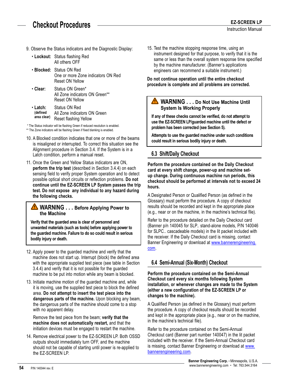 Overview, Checkout procedures, 3 shift/daily checkout | 4 semi-annual (six-month) checkout, Warning | Banner EZ-SCREEN Low-Profile Safety Light Curtain Systems User Manual | Page 56 / 76