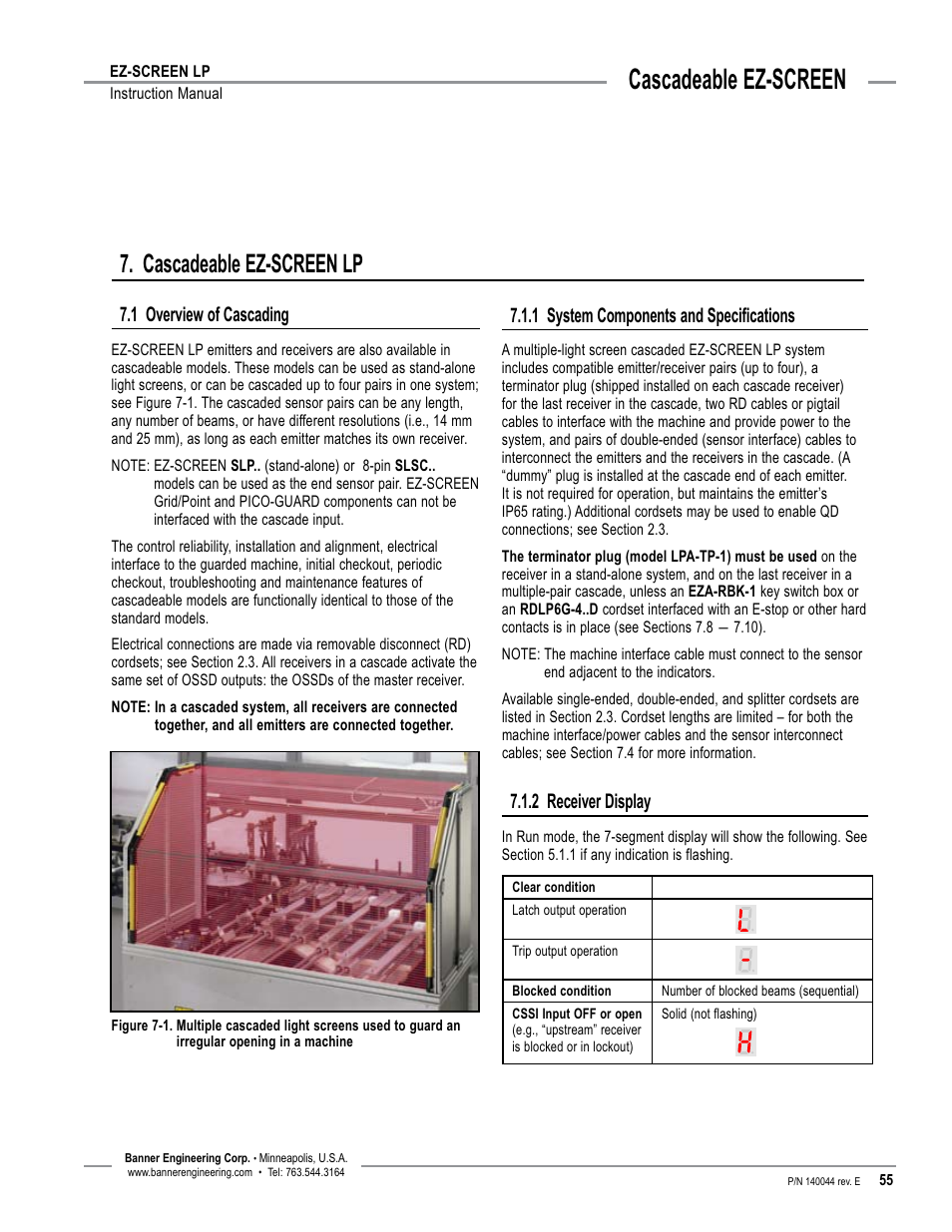 Overview, Cascadeable ez-screen, Cascadeable ez-screen lp | 1 overview of cascading, 1 system components and specifications, 2 receiver display | Banner EZ-SCREEN Low-Profile Safety Light Curtain Systems User Manual | Page 57 / 76