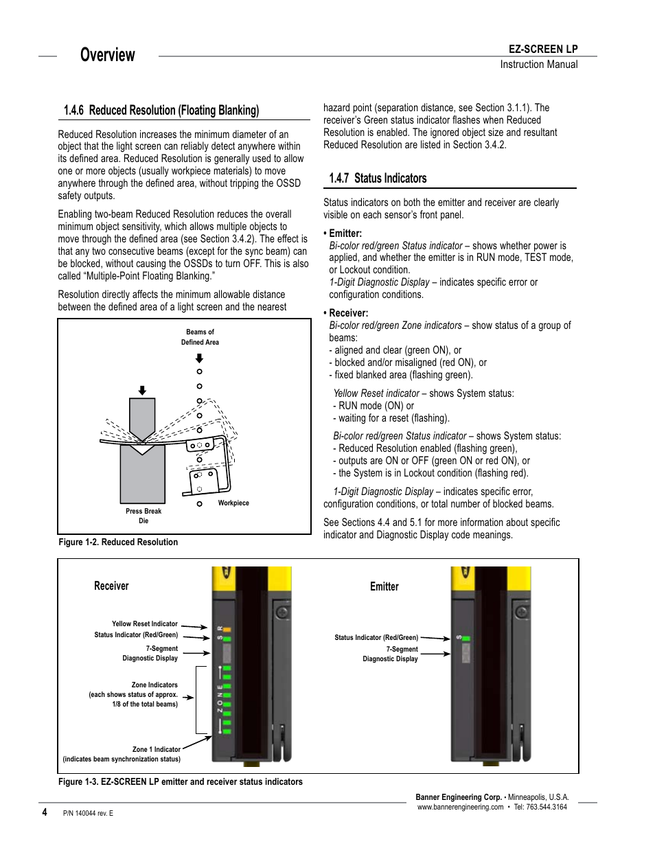 Overview, 6 reduced resolution (floating blanking), 7 status indicators | Banner EZ-SCREEN Low-Profile Safety Light Curtain Systems User Manual | Page 6 / 76