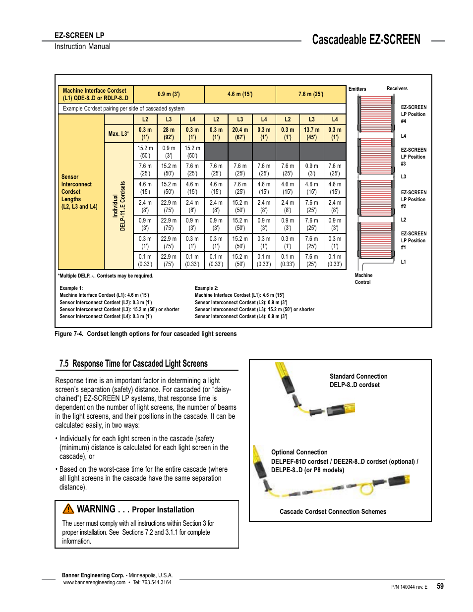 Overview, Cascadeable ez-screen, 5 response time for cascaded light screens | Warning, Ez-screen lp instruction manual, Proper installation | Banner EZ-SCREEN Low-Profile Safety Light Curtain Systems User Manual | Page 61 / 76