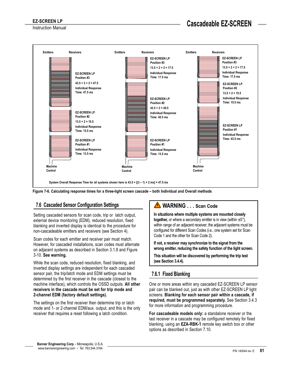 Overview, Cascadeable ez-screen, 6 cascaded sensor configuration settings | 1 fixed blanking, Warning | Banner EZ-SCREEN Low-Profile Safety Light Curtain Systems User Manual | Page 63 / 76