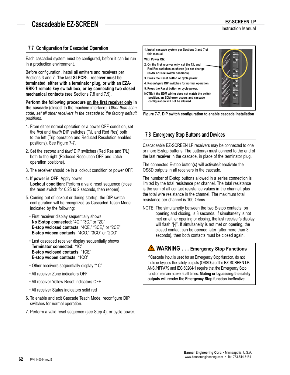 Overview, Cascadeable ez-screen, 7 configuration for cascaded operation | 8 emergency stop buttons and devices, Warning | Banner EZ-SCREEN Low-Profile Safety Light Curtain Systems User Manual | Page 64 / 76