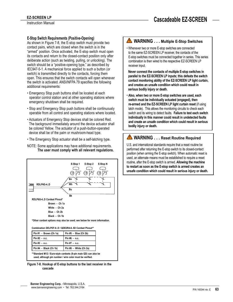 Overview, Cascadeable ez-screen, Warning | E-stop switch requirements (positive-opening) | Banner EZ-SCREEN Low-Profile Safety Light Curtain Systems User Manual | Page 65 / 76