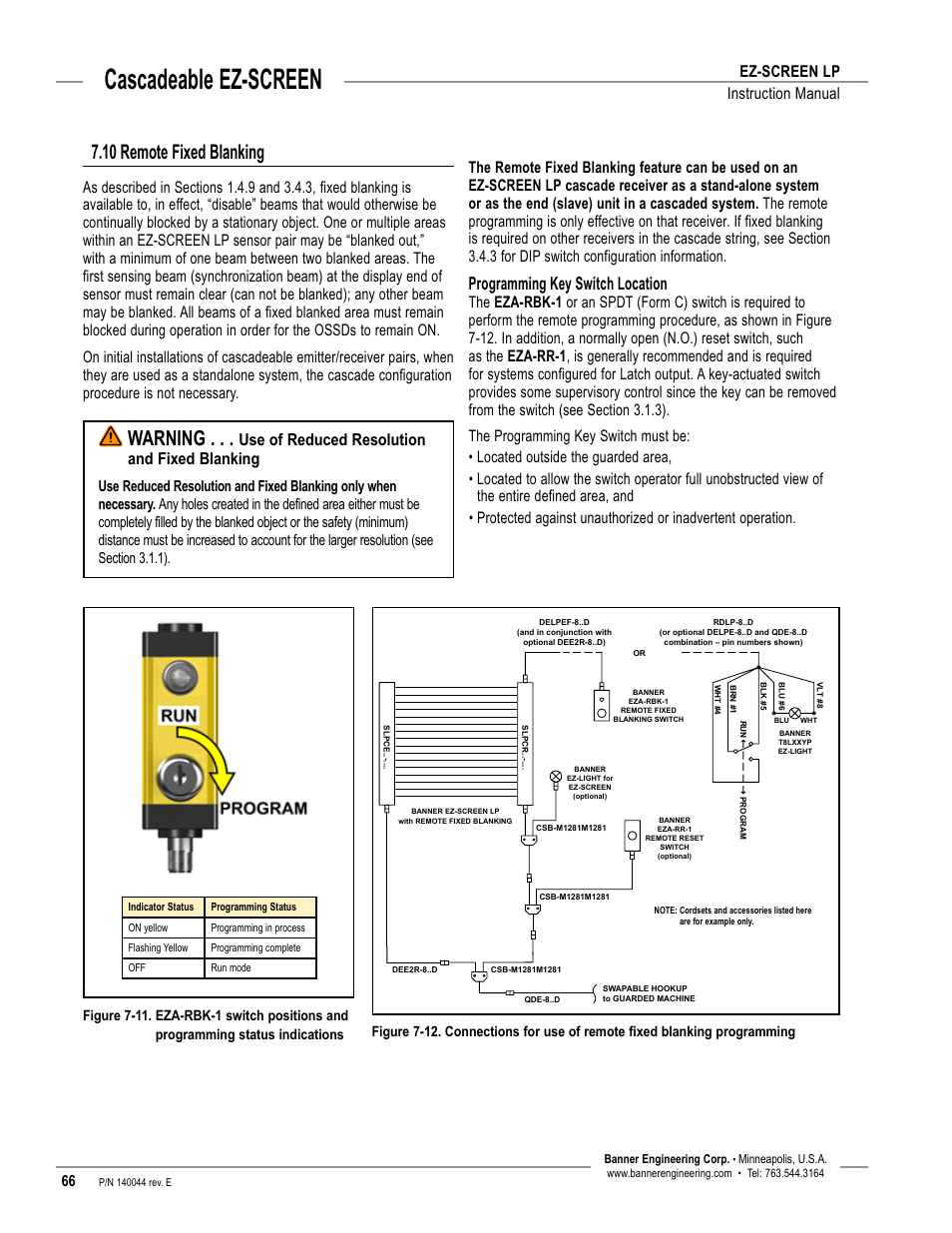 Overview, Cascadeable ez-screen, Warning | 10 remote fixed blanking, Programming key switch location, Ez-screen lp instruction manual, Use of reduced resolution and fixed blanking | Banner EZ-SCREEN Low-Profile Safety Light Curtain Systems User Manual | Page 68 / 76