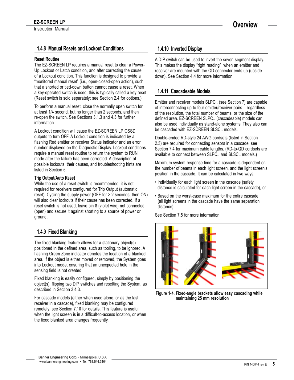 Overview, 8 manual resets and lockout conditions, 9 fixed blanking | 10 inverted display, 11 cascadeable models | Banner EZ-SCREEN Low-Profile Safety Light Curtain Systems User Manual | Page 7 / 76