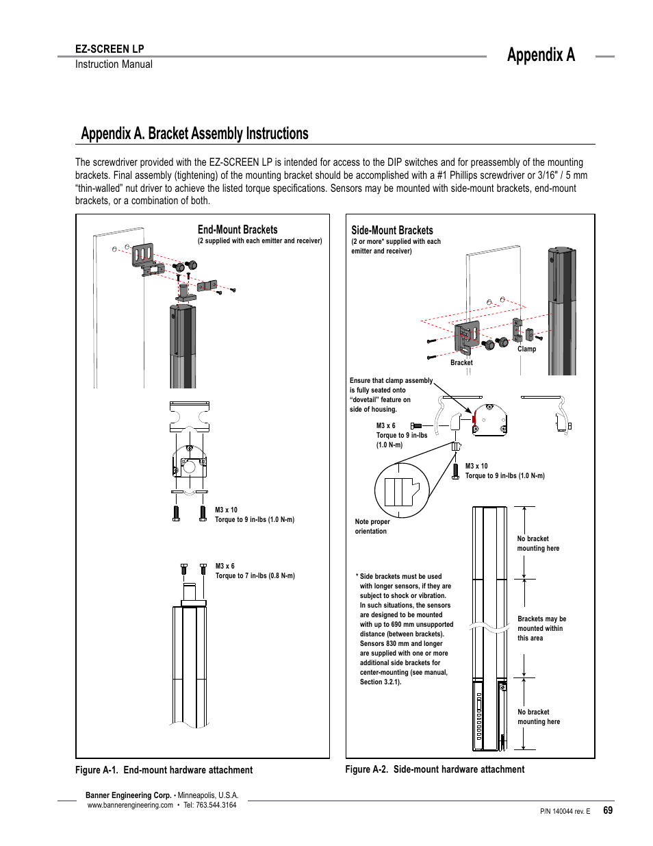 Overview, Appendix a, Appendix a. bracket assembly instructions | End-mount brackets, Side-mount brackets | Banner EZ-SCREEN Low-Profile Safety Light Curtain Systems User Manual | Page 71 / 76