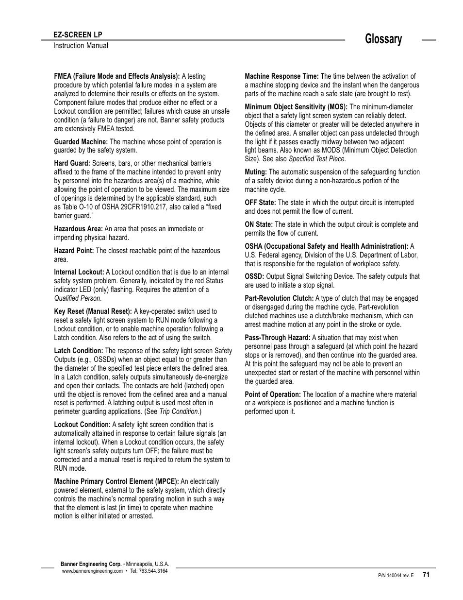 Overview, Glossary | Banner EZ-SCREEN Low-Profile Safety Light Curtain Systems User Manual | Page 73 / 76