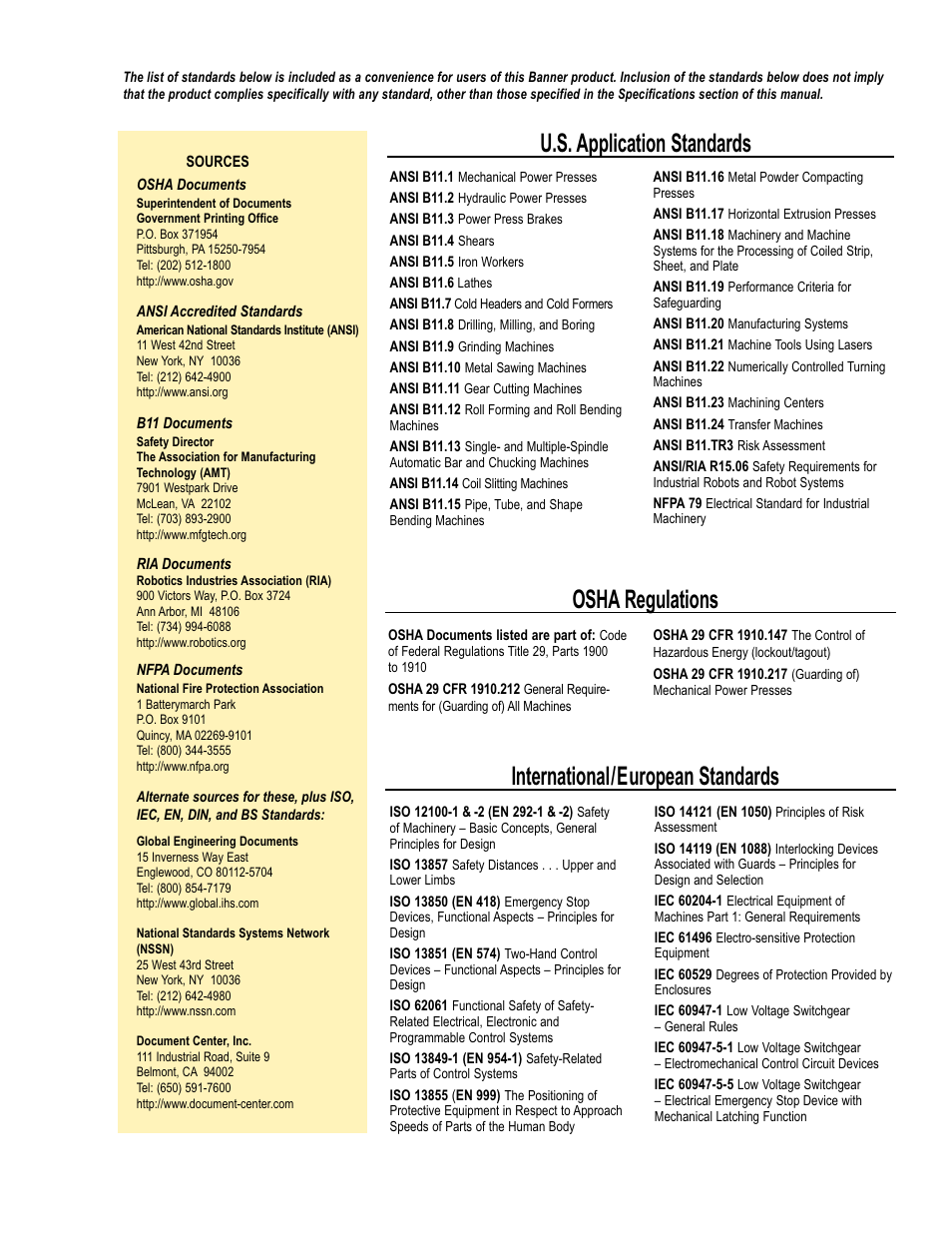 U.s. application standards osha regulations, International/european standards | Banner EZ-SCREEN Low-Profile Safety Light Curtain Systems User Manual | Page 75 / 76