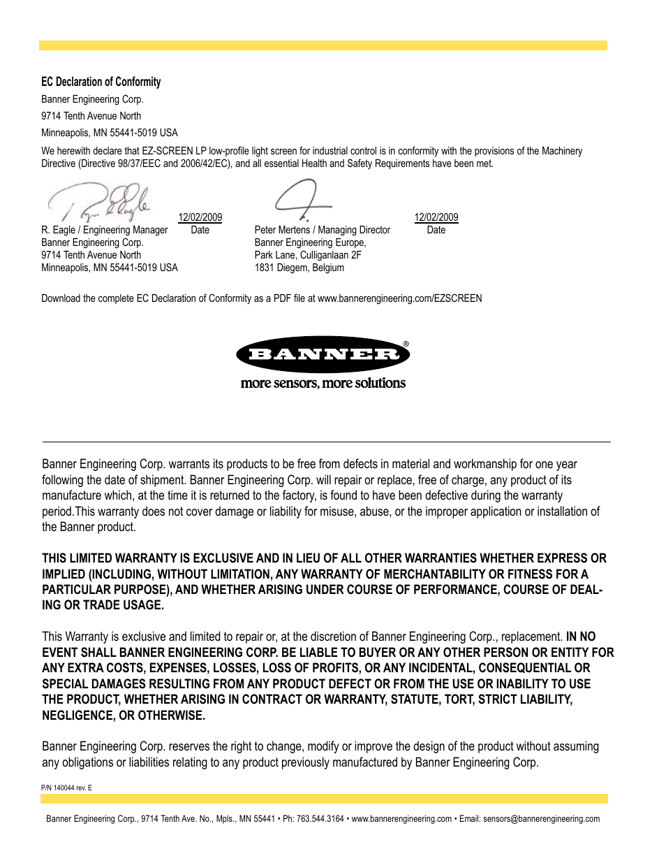 Dqqhu(qjlqhhulqj&rus/lplwhg:duudqw | Banner EZ-SCREEN Low-Profile Safety Light Curtain Systems User Manual | Page 76 / 76