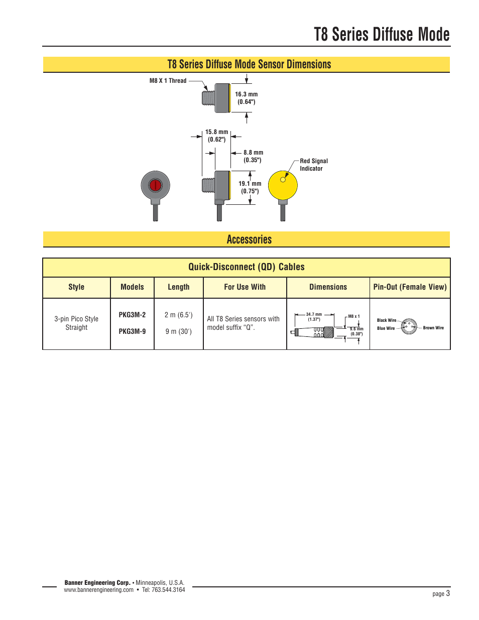 T8 series diffuse mode, T8 series diffuse mode sensor dimensions, Accessories | Quick-disconnect (qd) cables | Banner T8 Series User Manual | Page 3 / 4