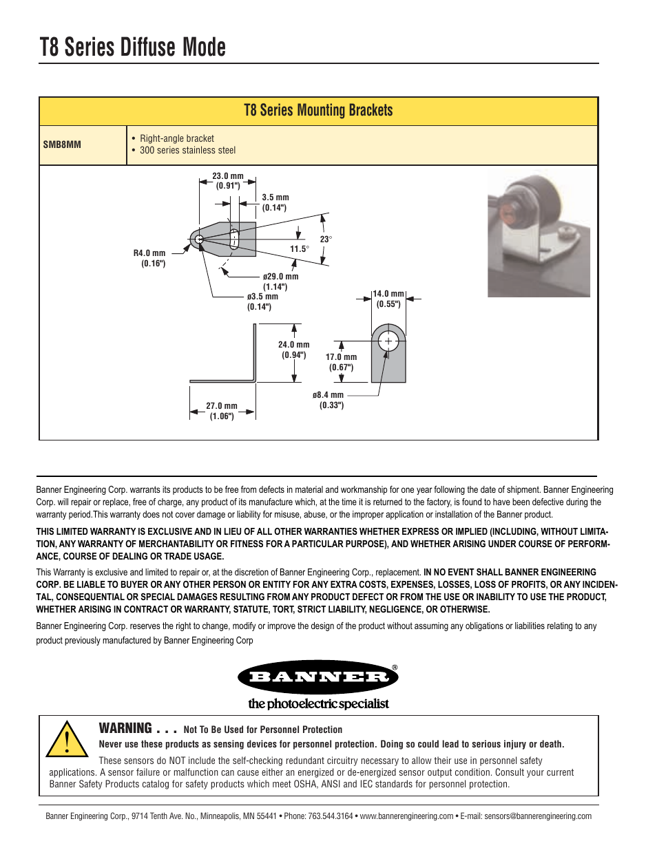 T8 series diffuse mode, Dqqhu(qjlqhhulqj&rus/lplwhg:duudqw, T8 series mounting brackets | Warning | Banner T8 Series User Manual | Page 4 / 4