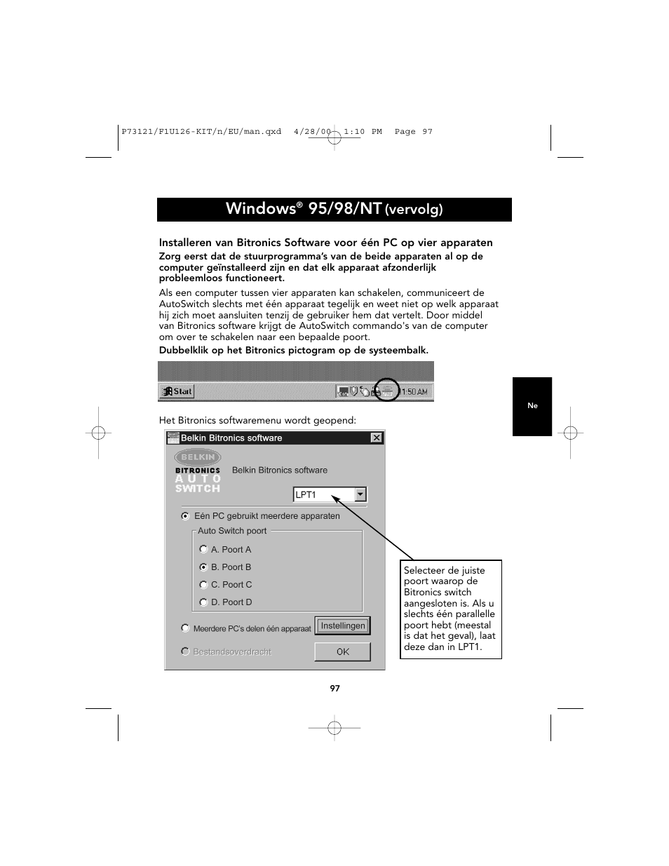 Windows, 95/98/nt, Vervolg) | Belkin F1U126-KIT User Manual | Page 100 / 148