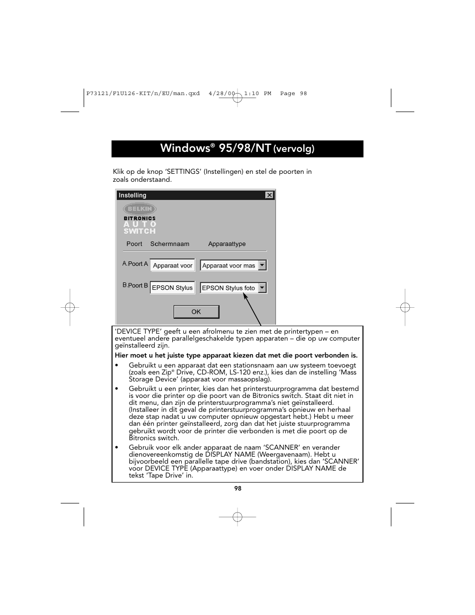 Windows, 95/98/nt, Vervolg) | Belkin F1U126-KIT User Manual | Page 101 / 148