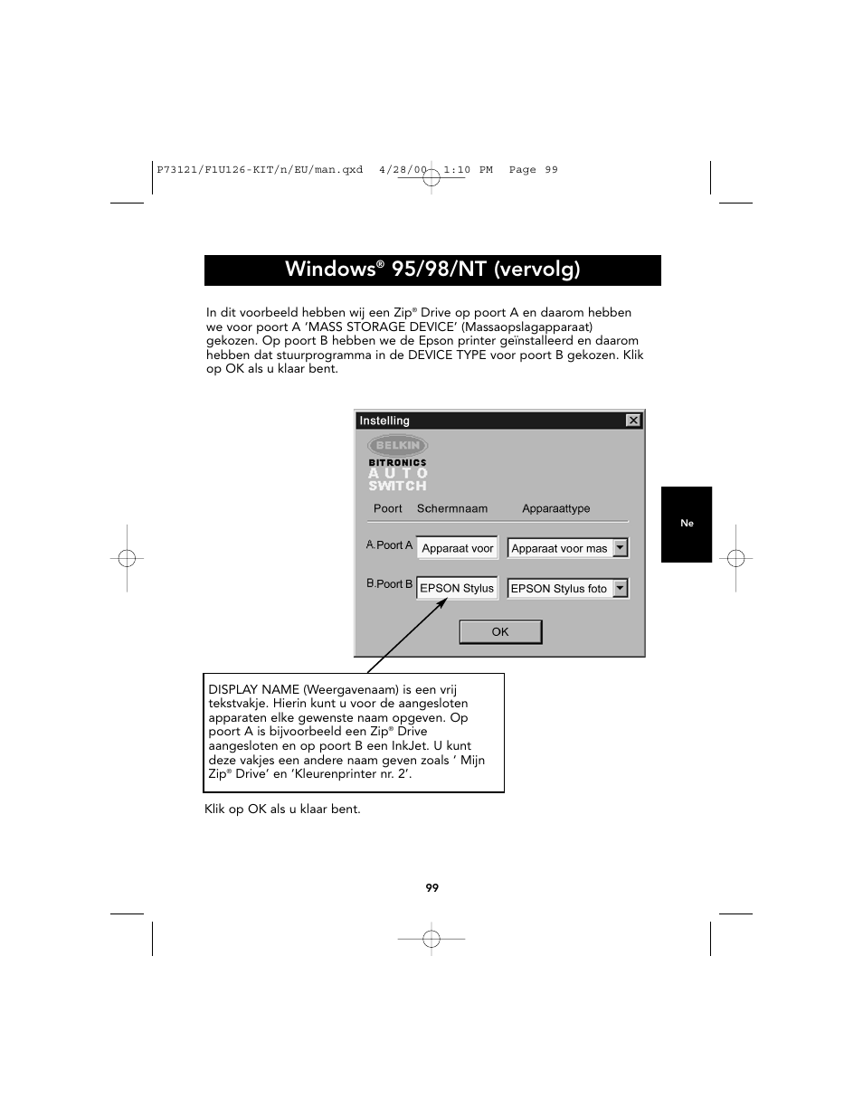 Windows, 95/98/nt (vervolg) | Belkin F1U126-KIT User Manual | Page 102 / 148