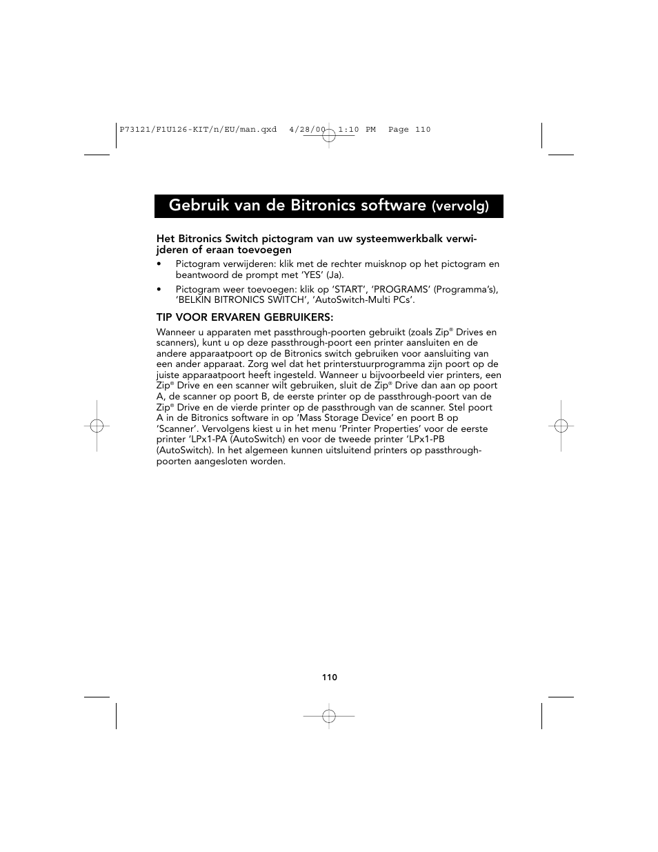 Gebruik van de bitronics software, Vervolg) | Belkin F1U126-KIT User Manual | Page 113 / 148