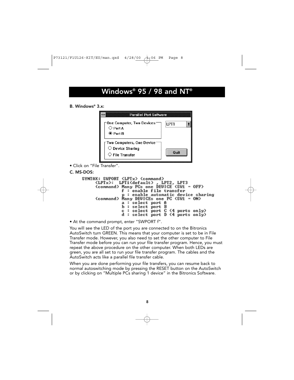 Windows, 95 / 98 and nt | Belkin F1U126-KIT User Manual | Page 12 / 148