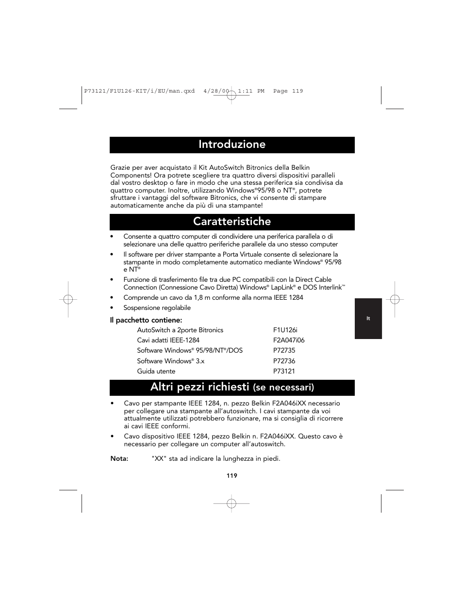 Introduzione caratteristiche, Altri pezzi richiesti, Se necessari) | Belkin F1U126-KIT User Manual | Page 121 / 148