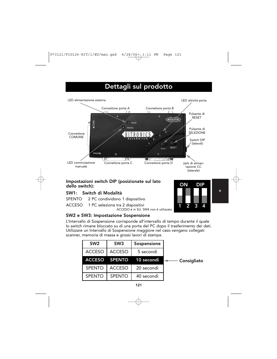 Dettagli sul prodotto, On dip 1 2 3 4 | Belkin F1U126-KIT User Manual | Page 123 / 148