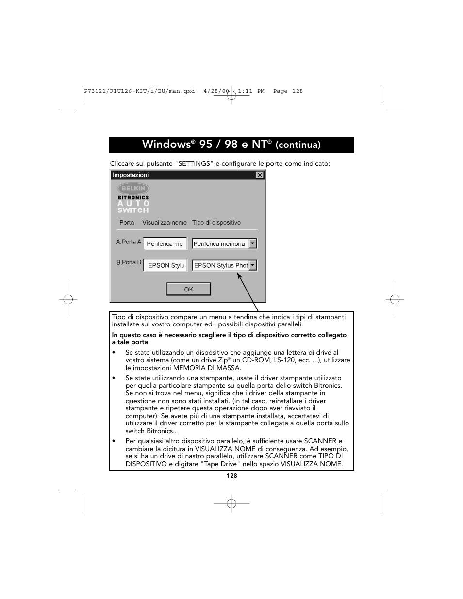 Windows, 95 / 98 e nt, Continua) | Belkin F1U126-KIT User Manual | Page 130 / 148