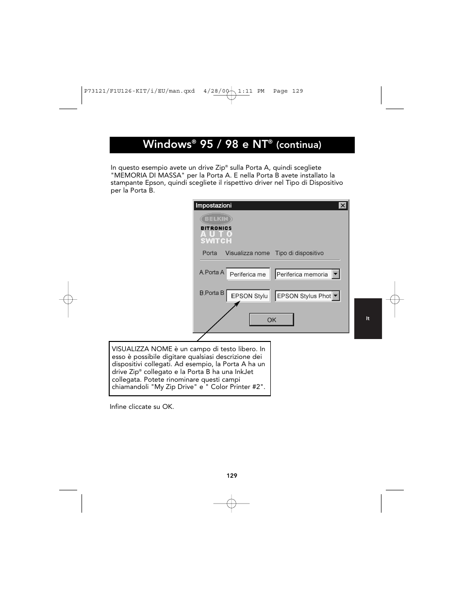 Windows, 95 / 98 e nt, Continua) | Belkin F1U126-KIT User Manual | Page 131 / 148