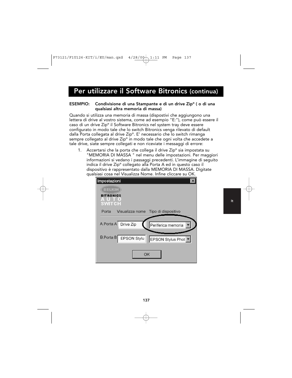 Per utilizzare il software bitronics, Continua) | Belkin F1U126-KIT User Manual | Page 139 / 148