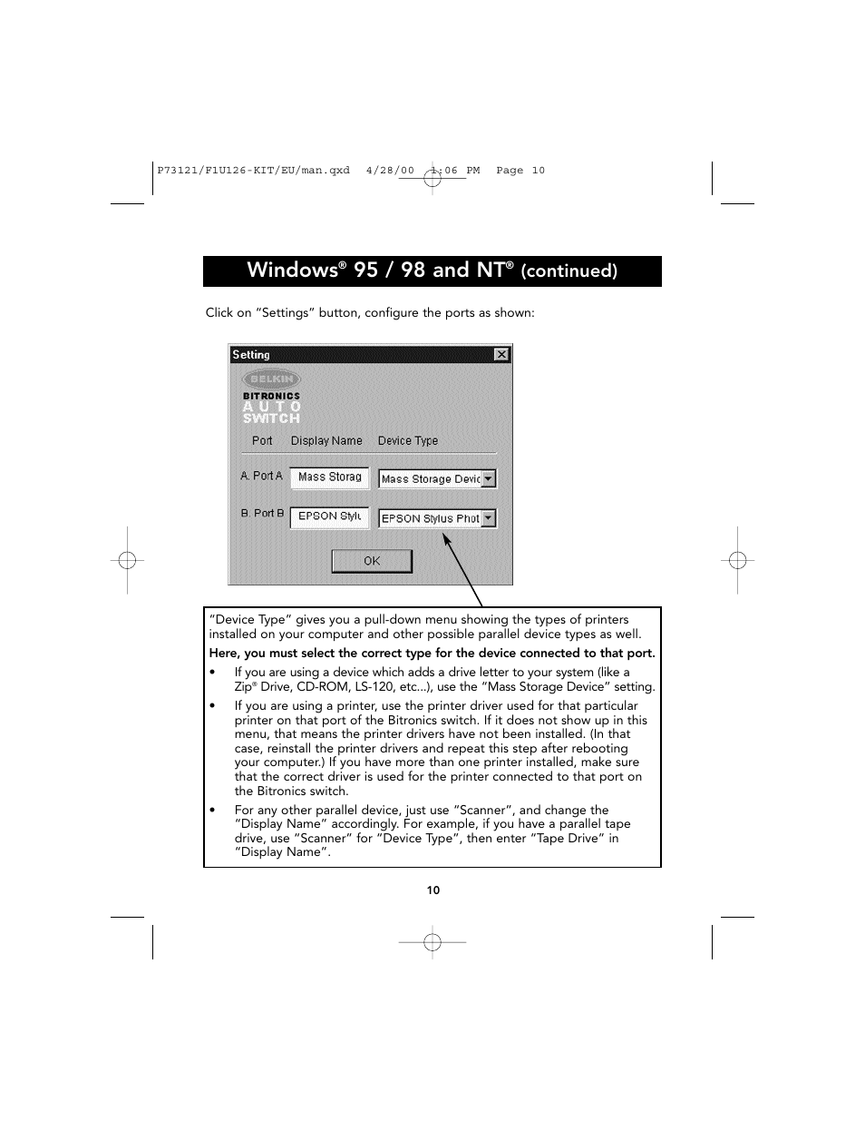 Windows, 95 / 98 and nt, Continued) | Belkin F1U126-KIT User Manual | Page 14 / 148